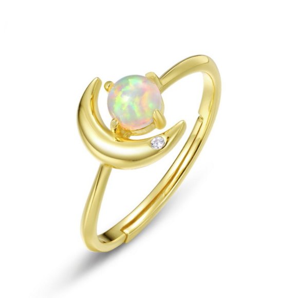 Gold Vermeil 14K Gold Layered over Sterling  Silver Crescent Opal Moon Open Ring - Picture 2 of 5